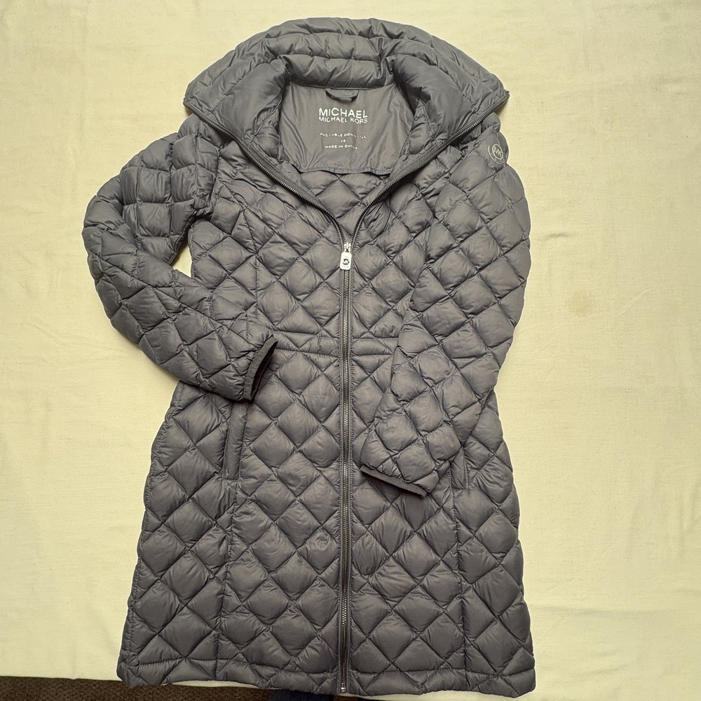 Michael Kors Puffer Jacket Womens XL Gray Down Hooded Lightweight Quilted Coat